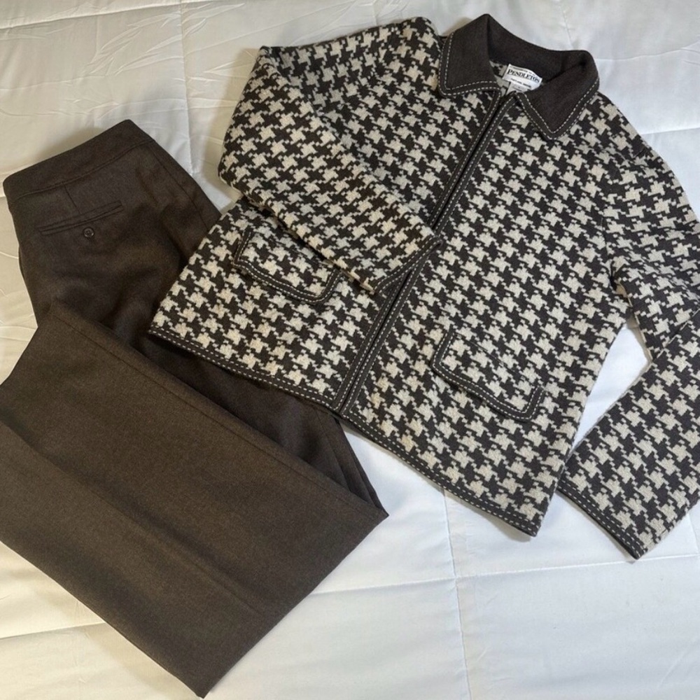 Vintage PENDLETON Merino Wool Houndstooth Full Zip Cardigan Pants Set Size L 12